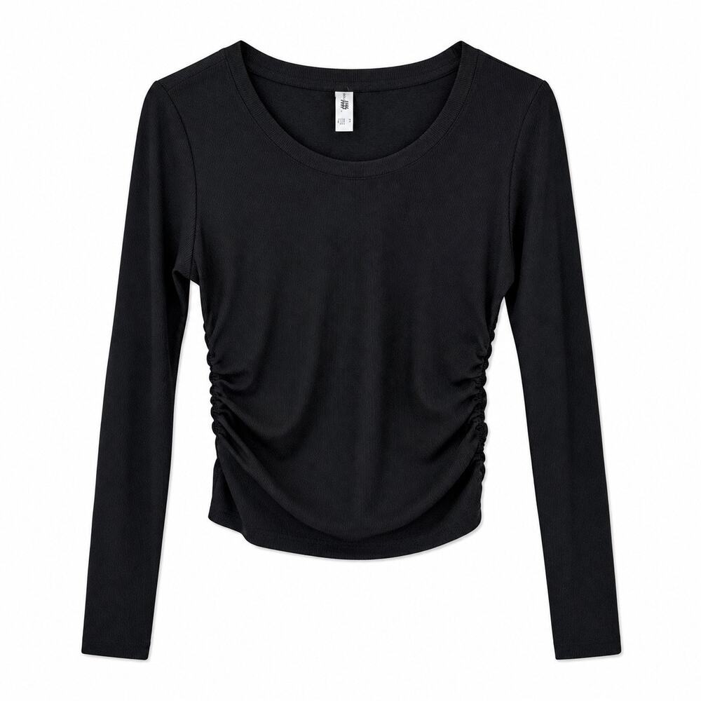 Black Ruched Side Long Sleeve Top | Fitted Ribbed Basic | XS